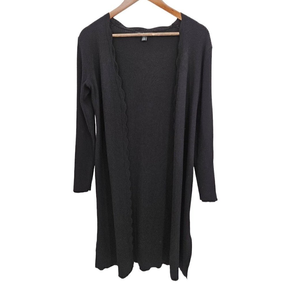 Cable & Gauge Long Line Open Front Cardigan Duster Sz M Black Ribbed Scalloped